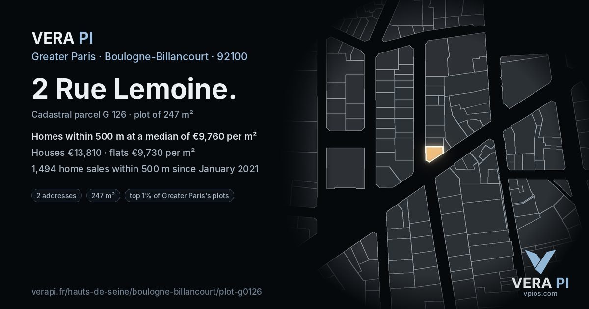 2 Rue Lemoine, Boulogne-Billancourt at night – the plot lit, the parcels around coloured by the prices near them