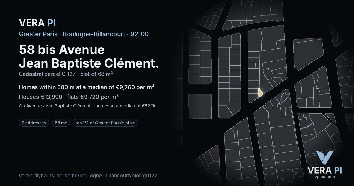 58 bis Avenue Jean Baptiste Clément, Boulogne-Billancourt at night – the plot lit, the parcels around coloured by the prices near them