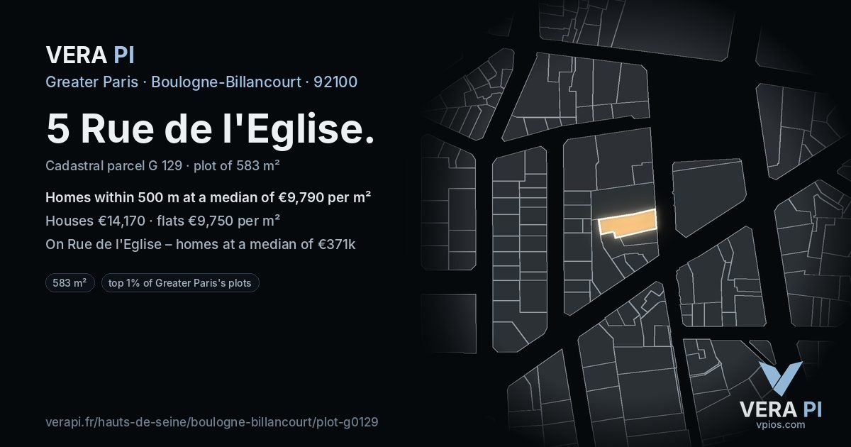 5 Rue de l'Eglise, Boulogne-Billancourt at night – the plot lit, the parcels around coloured by the prices near them