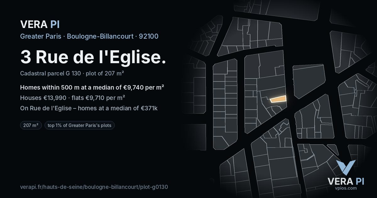 3 Rue de l'Eglise, Boulogne-Billancourt at night – the plot lit, the parcels around coloured by the prices near them