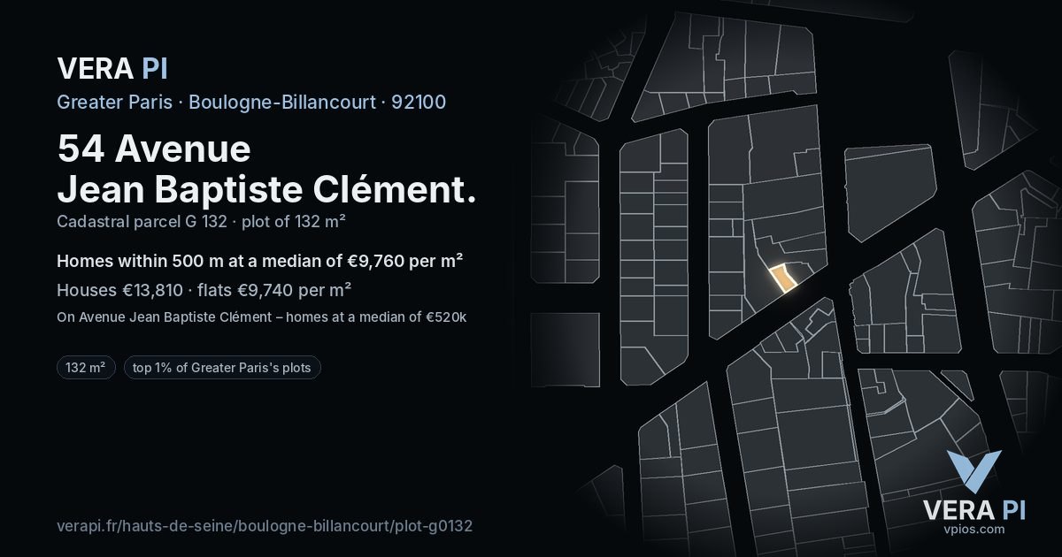 54 Avenue Jean Baptiste Clément, Boulogne-Billancourt at night – the plot lit, the parcels around coloured by the prices near them