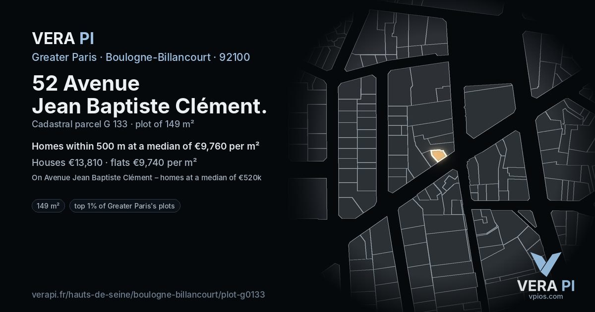 52 Avenue Jean Baptiste Clément, Boulogne-Billancourt at night – the plot lit, the parcels around coloured by the prices near them