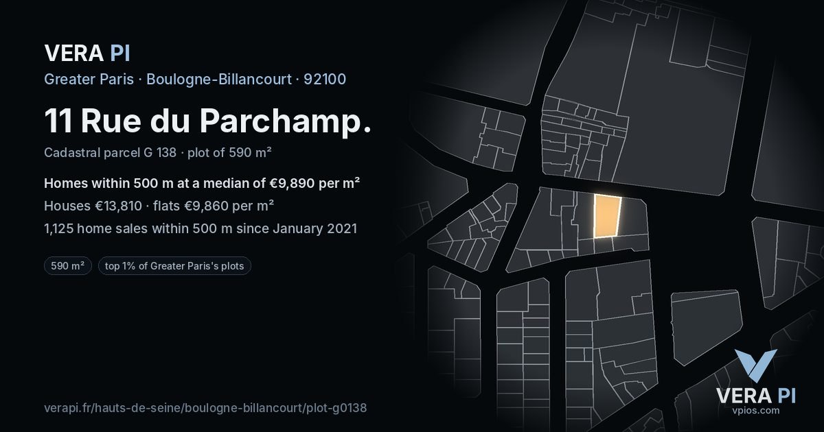 11 Rue du Parchamp, Boulogne-Billancourt at night – the plot lit, the parcels around coloured by the prices near them
