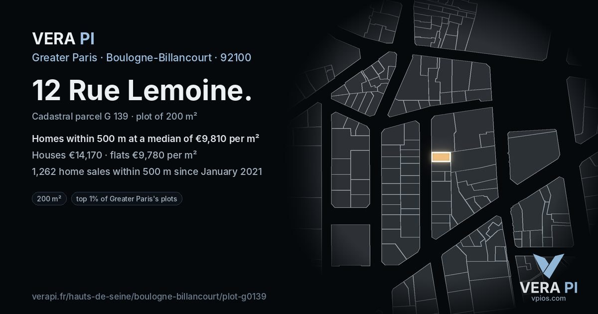 12 Rue Lemoine, Boulogne-Billancourt at night – the plot lit, the parcels around coloured by the prices near them