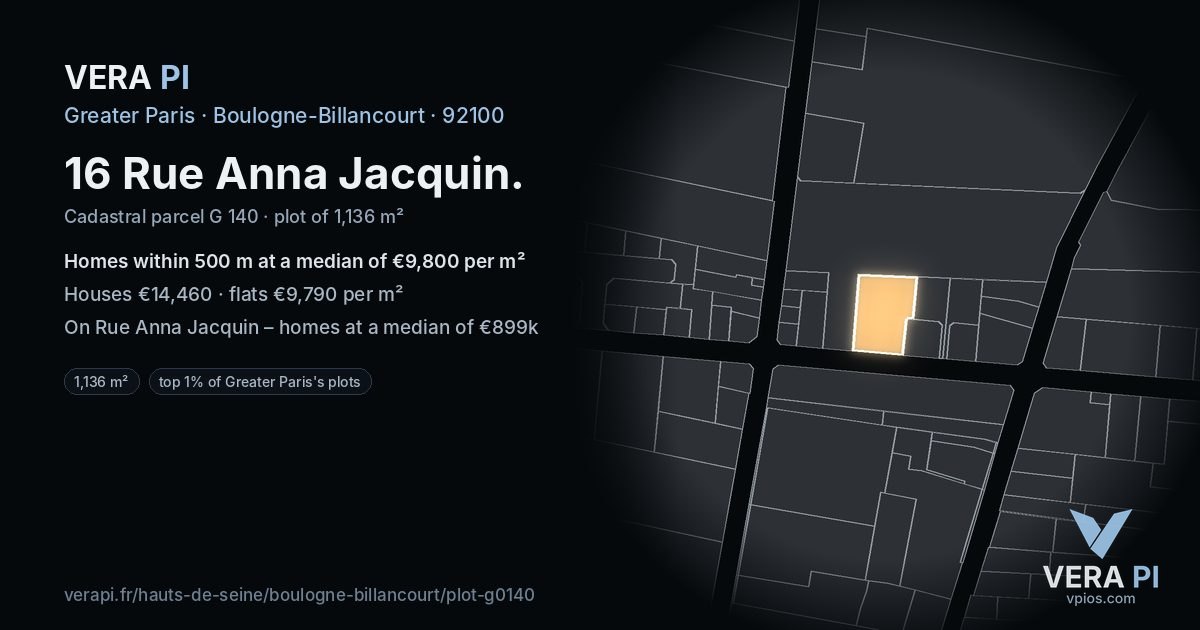 16 Rue Anna Jacquin, Boulogne-Billancourt at night – the plot lit, the parcels around coloured by the prices near them
