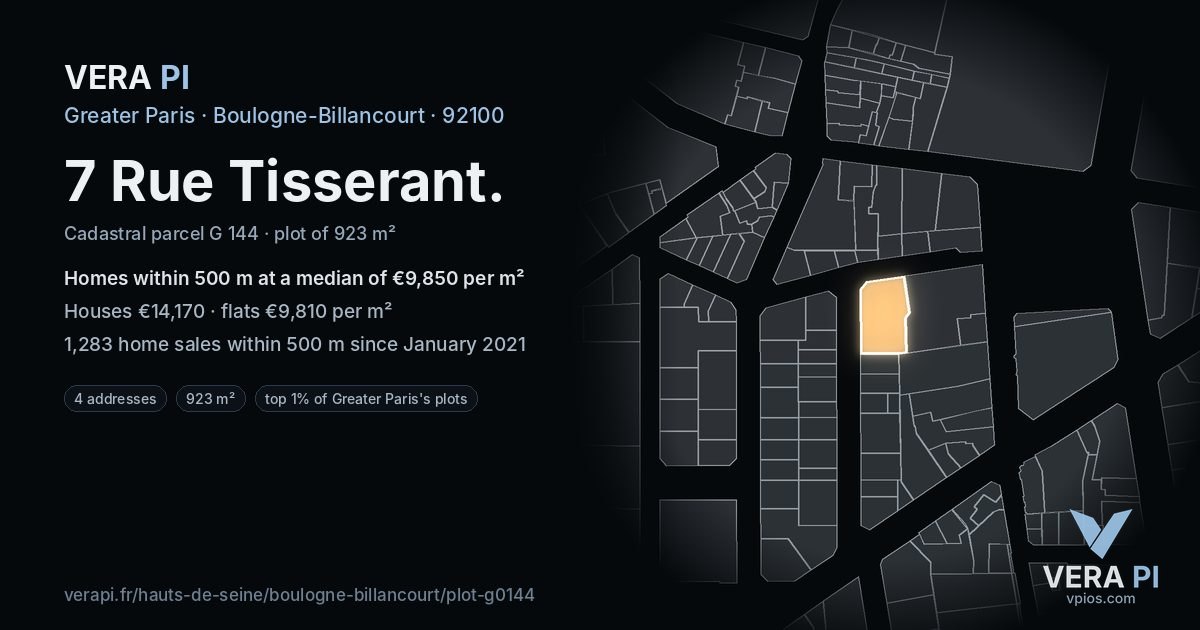 7 Rue Tisserant, Boulogne-Billancourt at night – the plot lit, the parcels around coloured by the prices near them