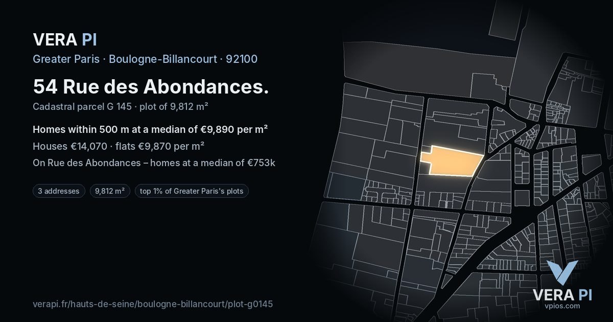 54 Rue des Abondances, Boulogne-Billancourt at night – the plot lit, the parcels around coloured by the prices near them