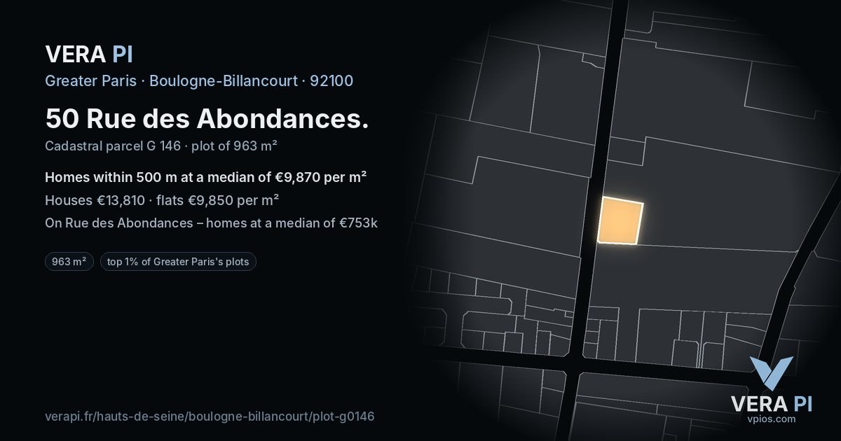 50 Rue des Abondances, Boulogne-Billancourt at night – the plot lit, the parcels around coloured by the prices near them