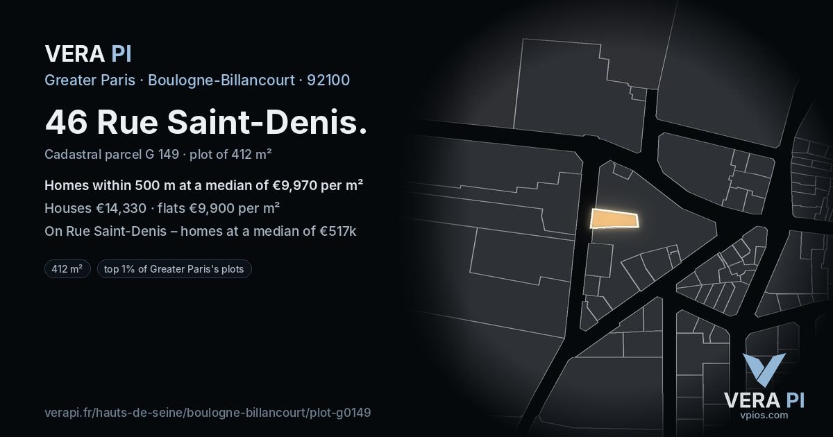 46 Rue Saint-Denis, Boulogne-Billancourt at night – the plot lit, the parcels around coloured by the prices near them