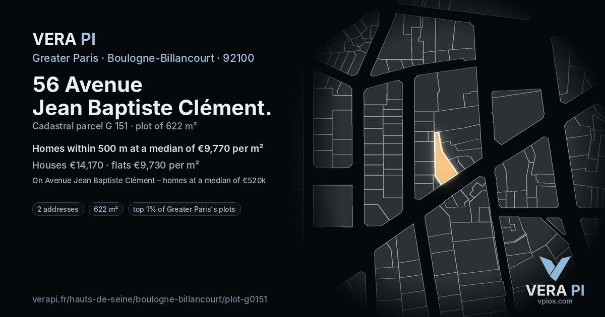 56 Avenue Jean Baptiste Clément, Boulogne-Billancourt at night – the plot lit, the parcels around coloured by the prices near them