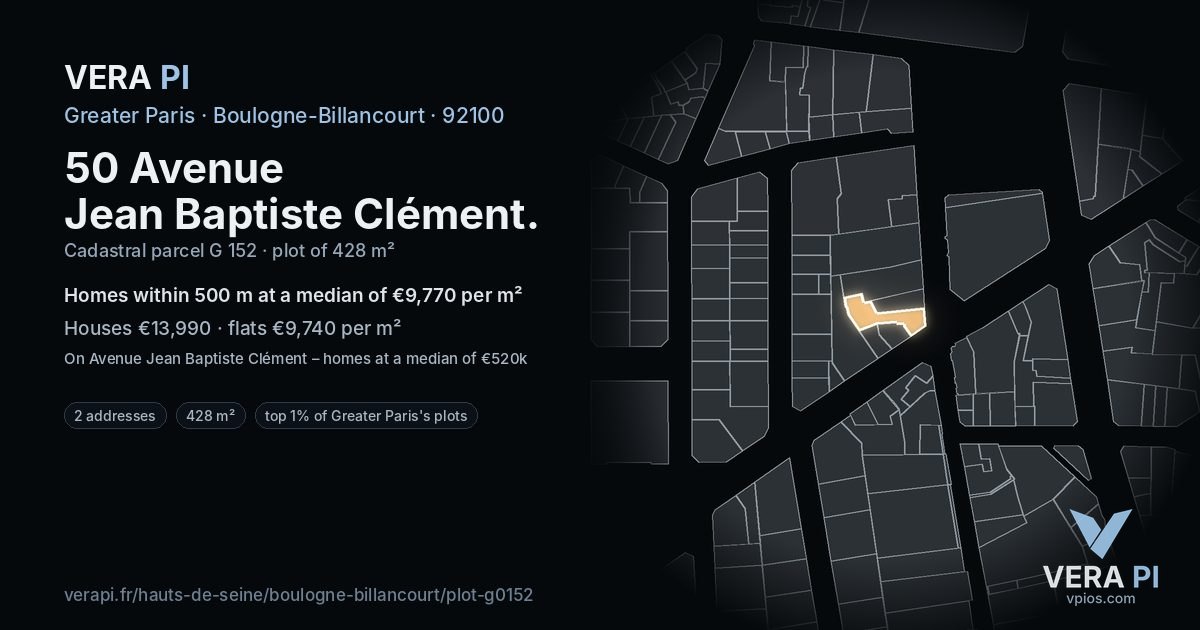 50 Avenue Jean Baptiste Clément, Boulogne-Billancourt at night – the plot lit, the parcels around coloured by the prices near them