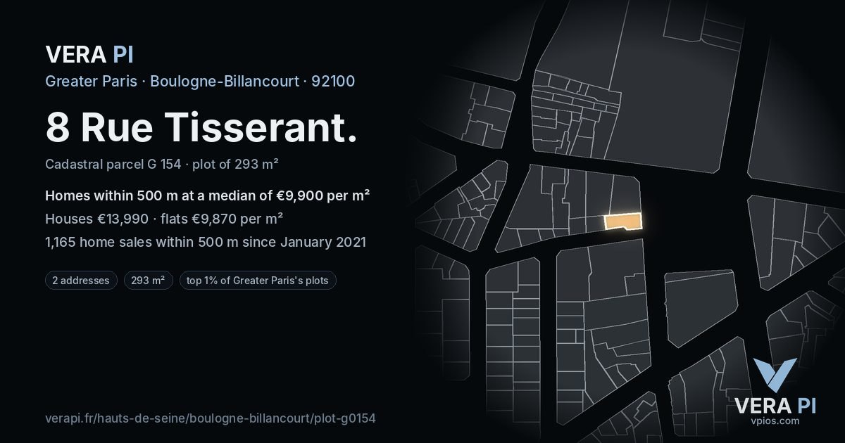 8 Rue Tisserant, Boulogne-Billancourt at night – the plot lit, the parcels around coloured by the prices near them