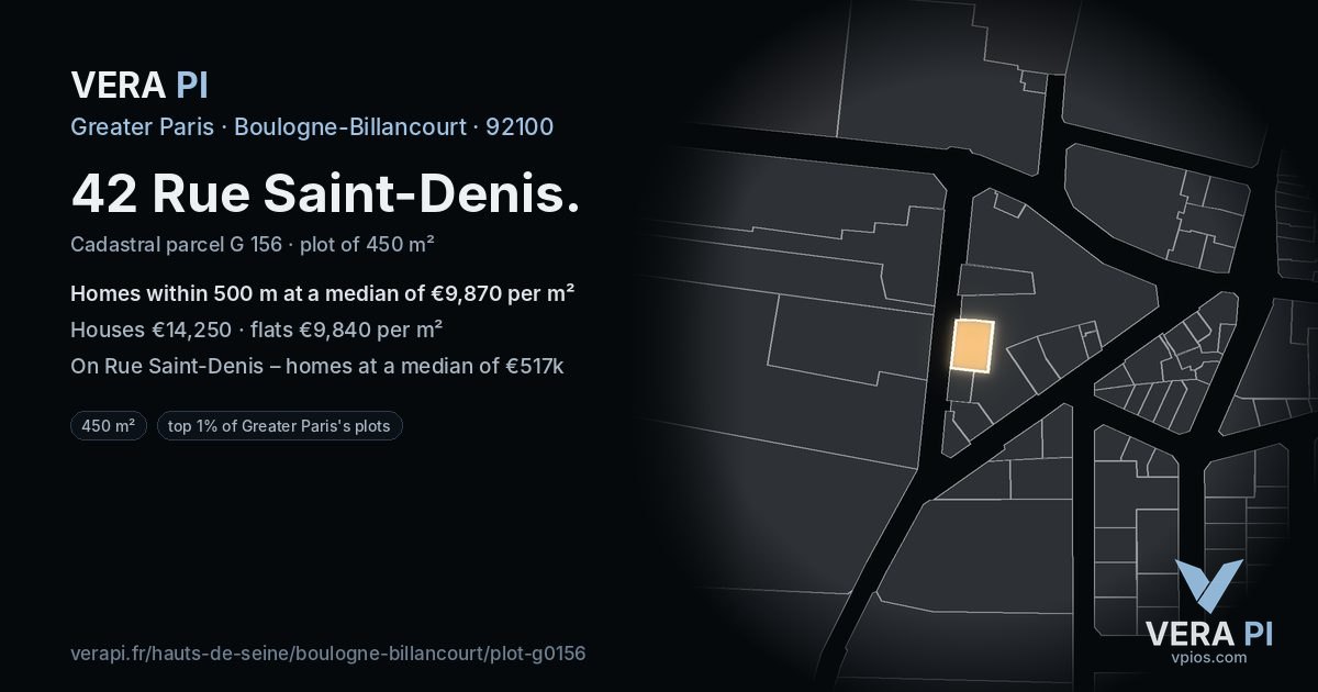 42 Rue Saint-Denis, Boulogne-Billancourt at night – the plot lit, the parcels around coloured by the prices near them