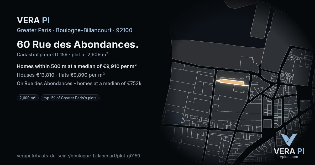 60 Rue des Abondances, Boulogne-Billancourt at night – the plot lit, the parcels around coloured by the prices near them
