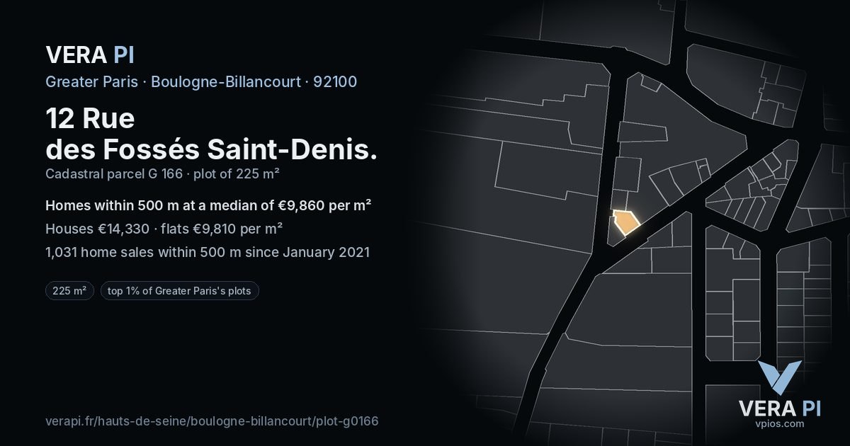 12 Rue des Fossés Saint-Denis, Boulogne-Billancourt at night – the plot lit, the parcels around coloured by the prices near them