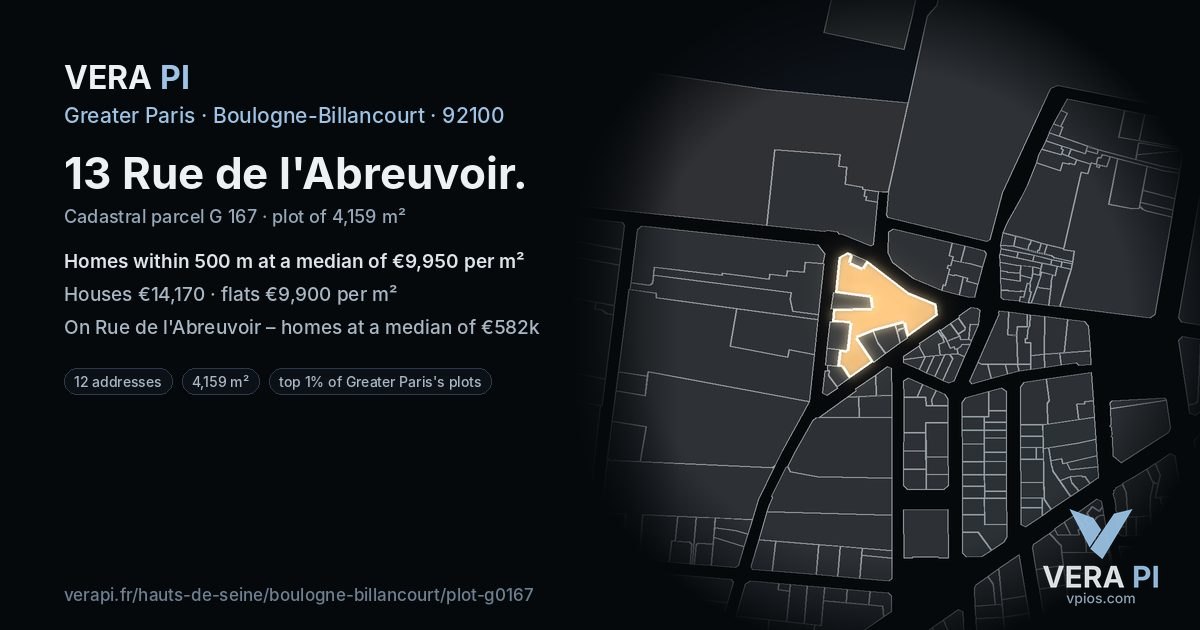 13 Rue de l'Abreuvoir, Boulogne-Billancourt at night – the plot lit, the parcels around coloured by the prices near them