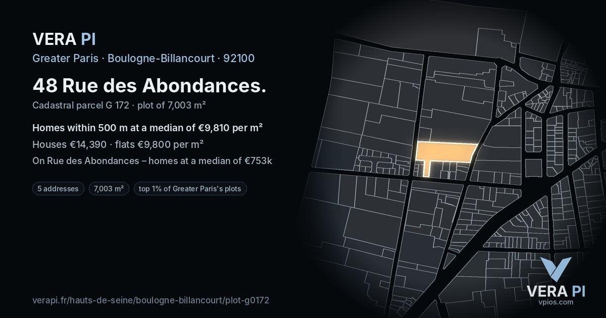 48 Rue des Abondances, Boulogne-Billancourt at night – the plot lit, the parcels around coloured by the prices near them