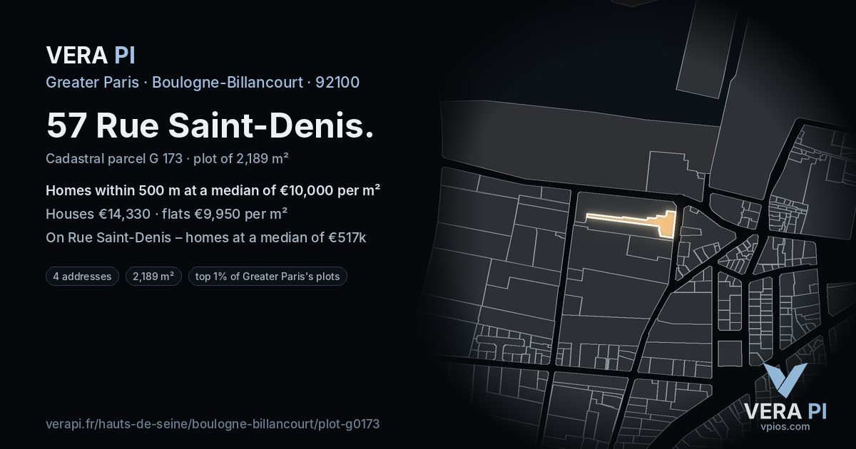 57 Rue Saint-Denis, Boulogne-Billancourt at night – the plot lit, the parcels around coloured by the prices near them