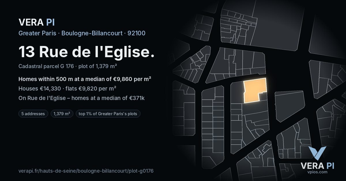 13 Rue de l'Eglise, Boulogne-Billancourt at night – the plot lit, the parcels around coloured by the prices near them