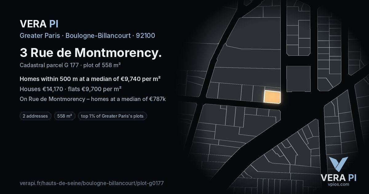 3 Rue de Montmorency, Boulogne-Billancourt at night – the plot lit, the parcels around coloured by the prices near them
