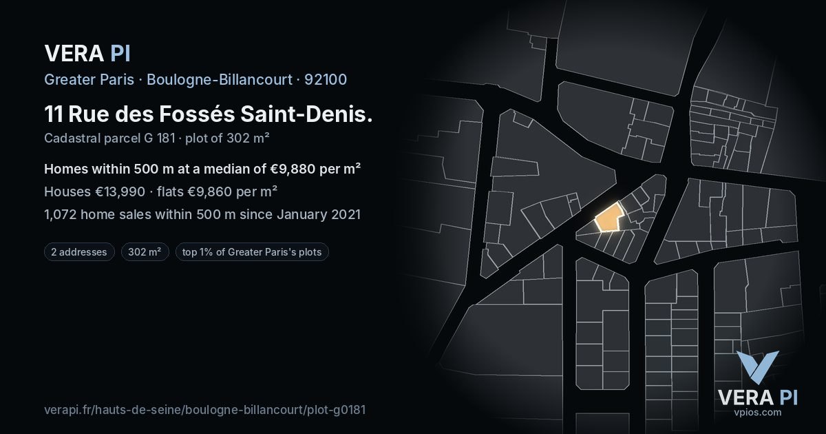 11 Rue des Fossés Saint-Denis, Boulogne-Billancourt at night – the plot lit, the parcels around coloured by the prices near them