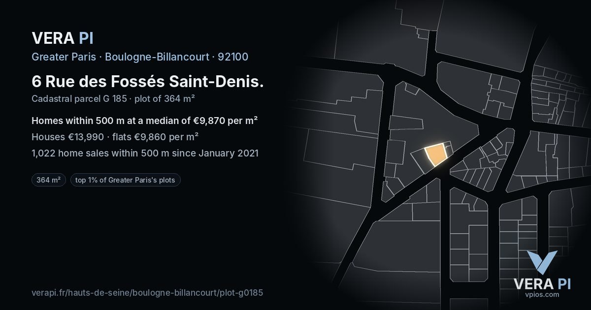 6 Rue des Fossés Saint-Denis, Boulogne-Billancourt at night – the plot lit, the parcels around coloured by the prices near them