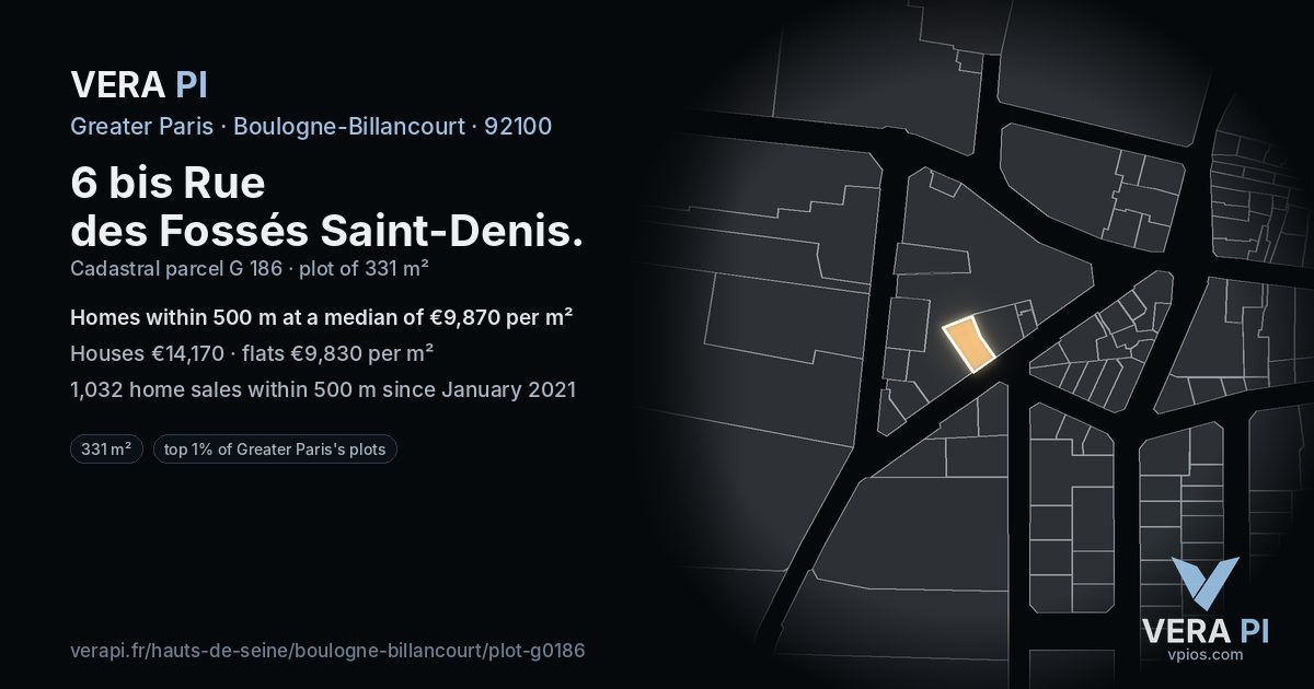 6 bis Rue des Fossés Saint-Denis, Boulogne-Billancourt at night – the plot lit, the parcels around coloured by the prices near them