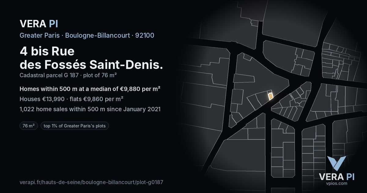 4 bis Rue des Fossés Saint-Denis, Boulogne-Billancourt at night – the plot lit, the parcels around coloured by the prices near them