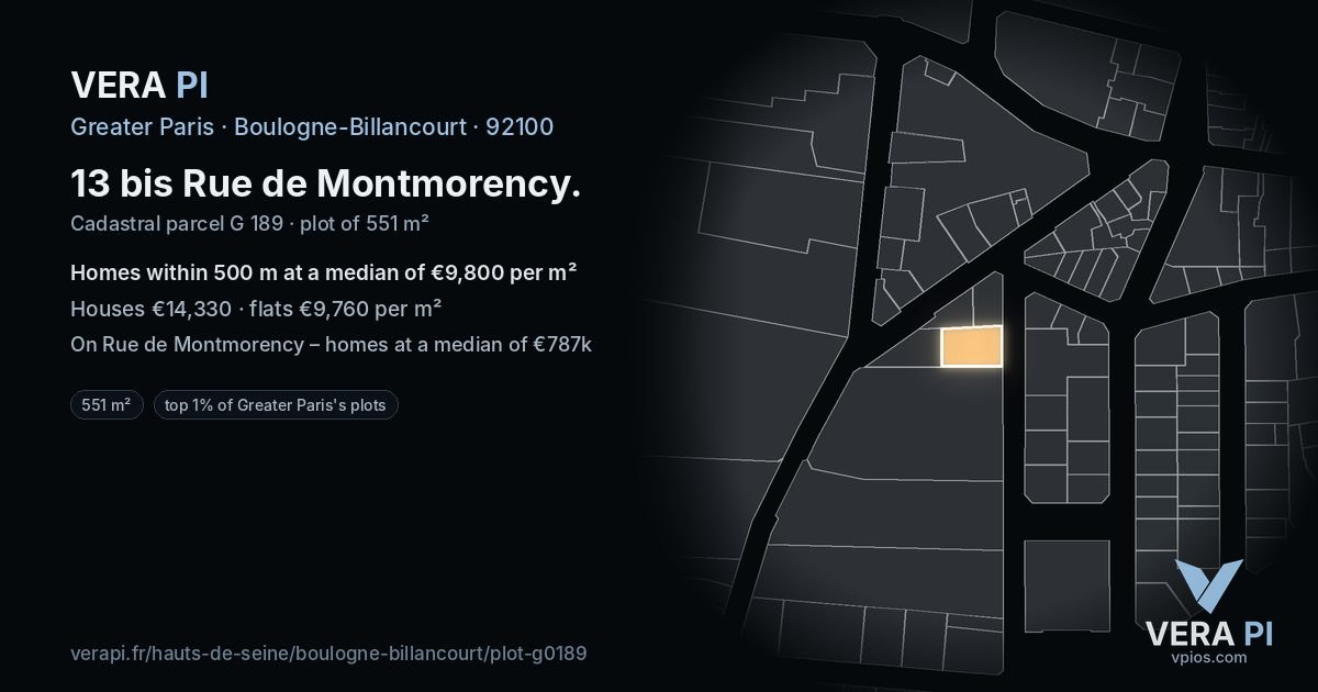 13 bis Rue de Montmorency, Boulogne-Billancourt at night – the plot lit, the parcels around coloured by the prices near them