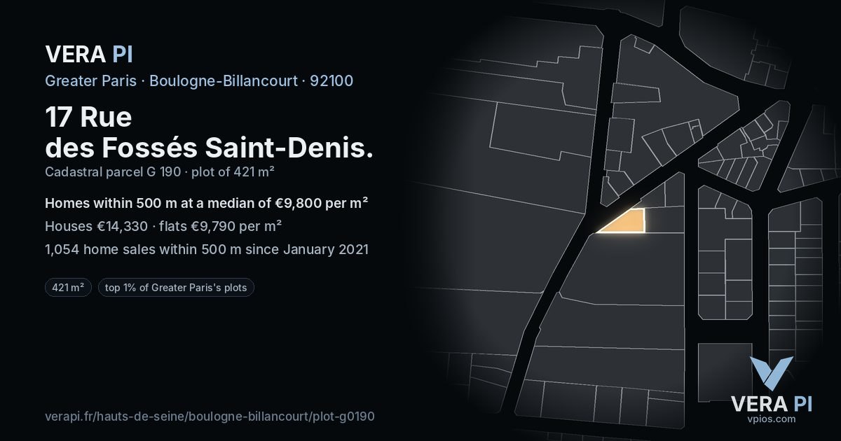 17 Rue des Fossés Saint-Denis, Boulogne-Billancourt at night – the plot lit, the parcels around coloured by the prices near them