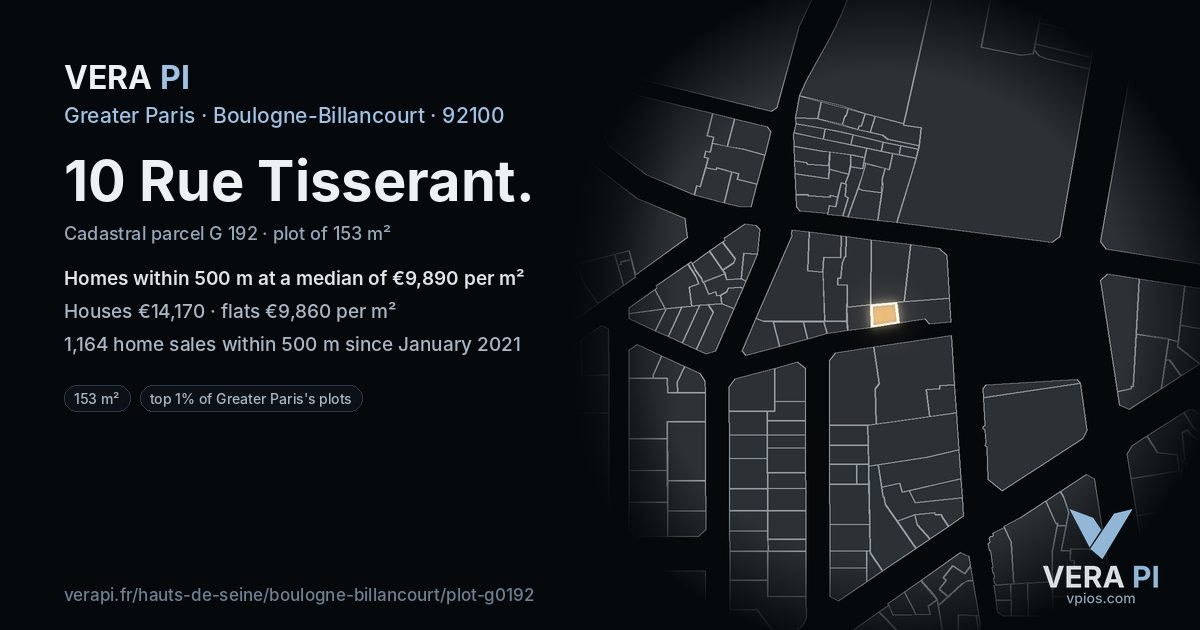 10 Rue Tisserant, Boulogne-Billancourt at night – the plot lit, the parcels around coloured by the prices near them