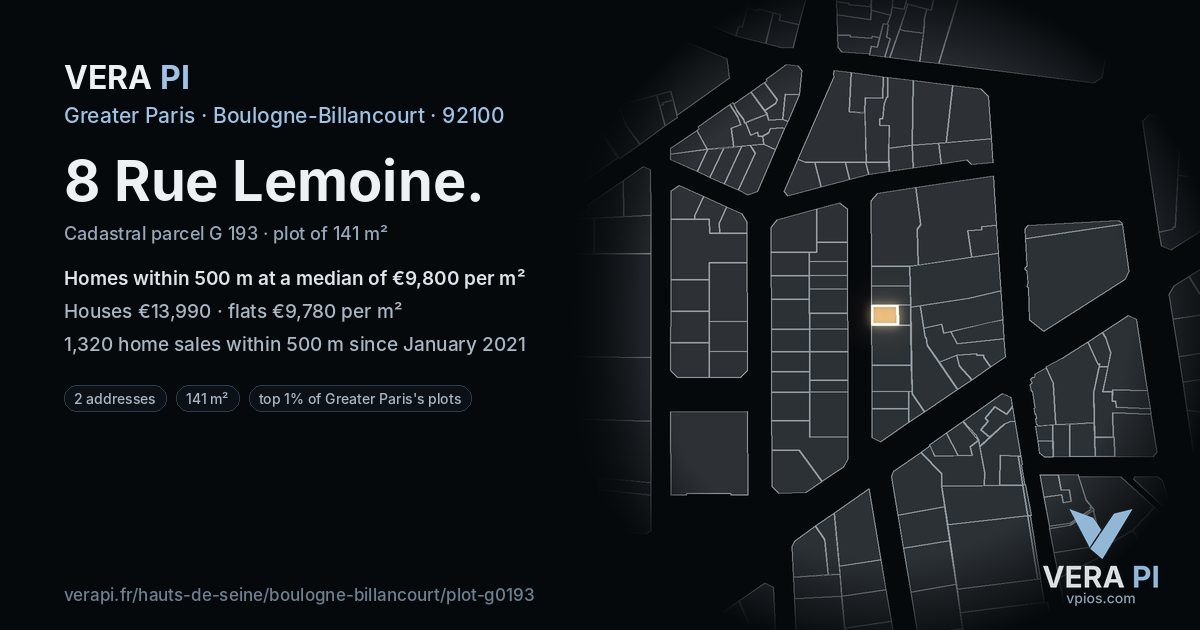 8 Rue Lemoine, Boulogne-Billancourt at night – the plot lit, the parcels around coloured by the prices near them