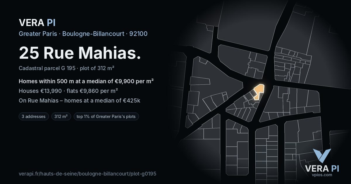 25 Rue Mahias, Boulogne-Billancourt at night – the plot lit, the parcels around coloured by the prices near them