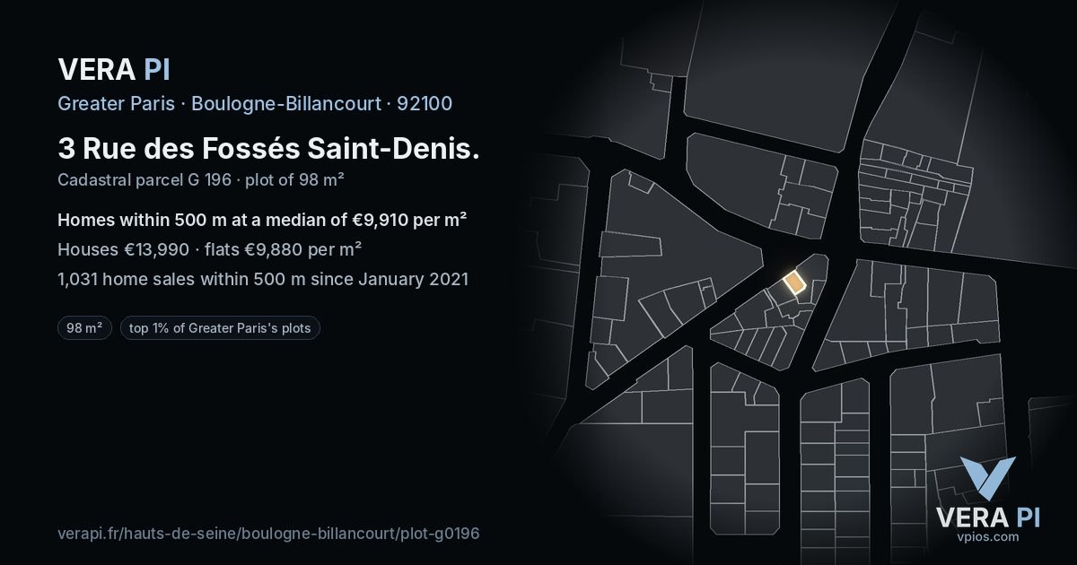 3 Rue des Fossés Saint-Denis, Boulogne-Billancourt at night – the plot lit, the parcels around coloured by the prices near them