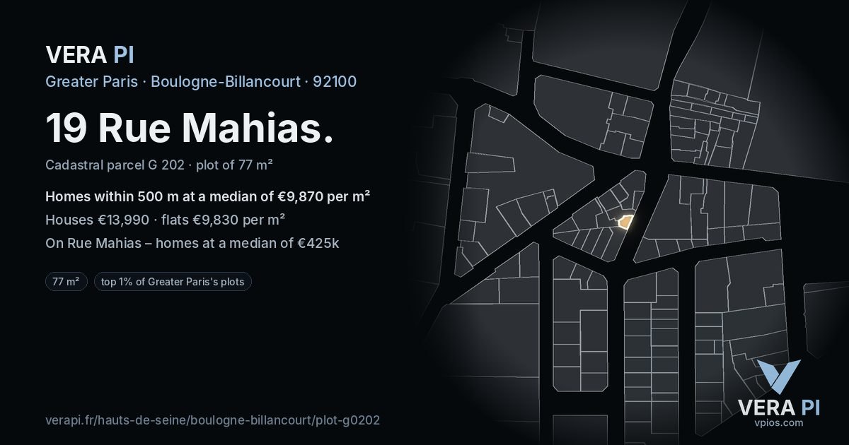 19 Rue Mahias, Boulogne-Billancourt at night – the plot lit, the parcels around coloured by the prices near them