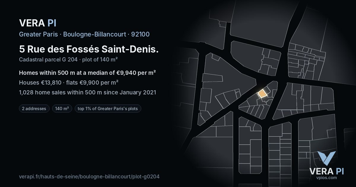 5 Rue des Fossés Saint-Denis, Boulogne-Billancourt at night – the plot lit, the parcels around coloured by the prices near them