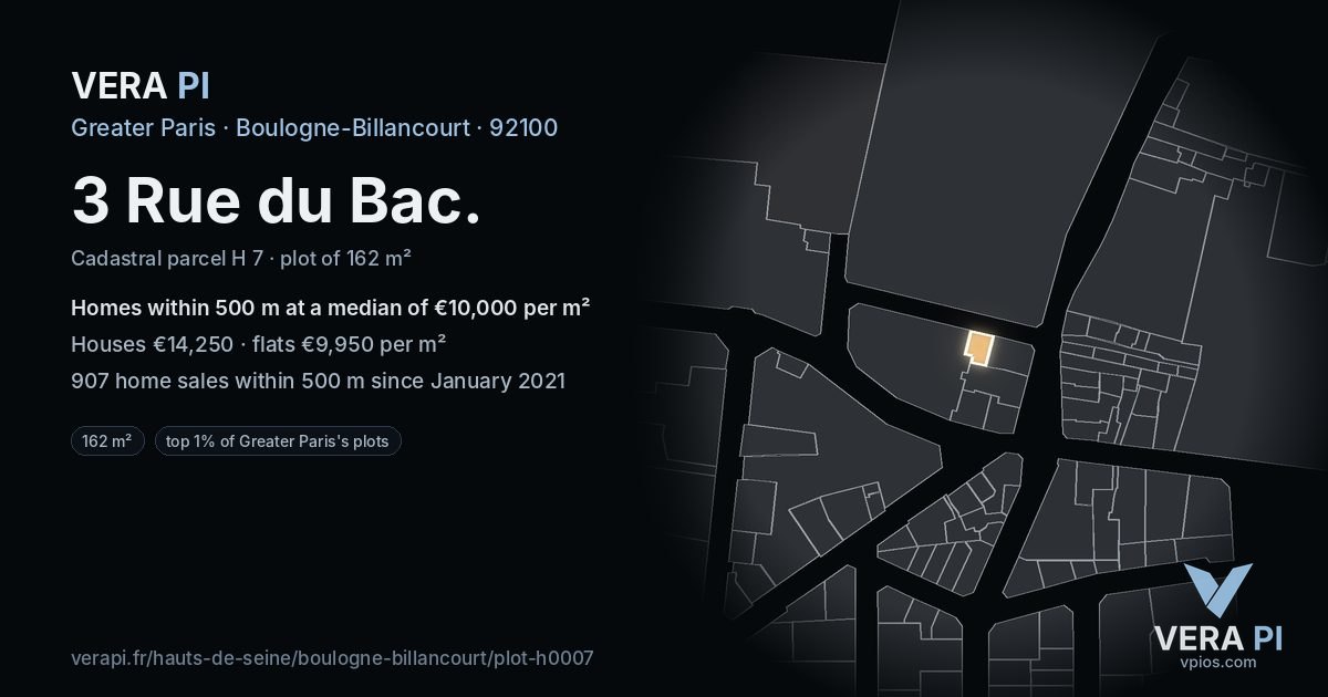 3 Rue du Bac, Boulogne-Billancourt at night – the plot lit, the parcels around coloured by the prices near them