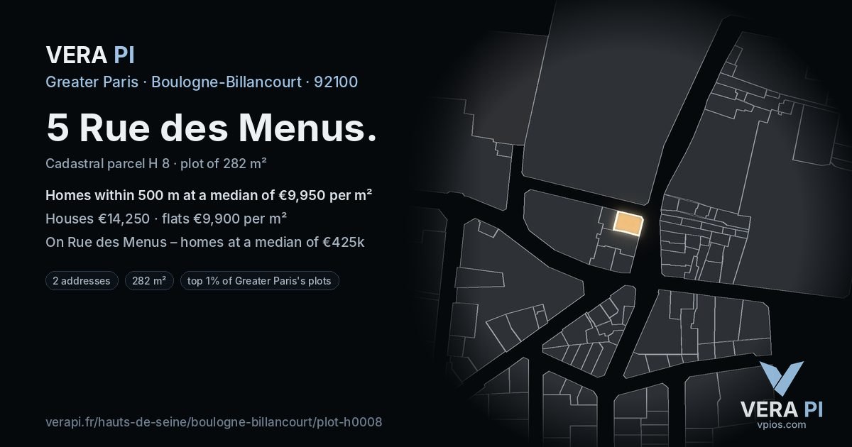 5 Rue des Menus, Boulogne-Billancourt at night – the plot lit, the parcels around coloured by the prices near them