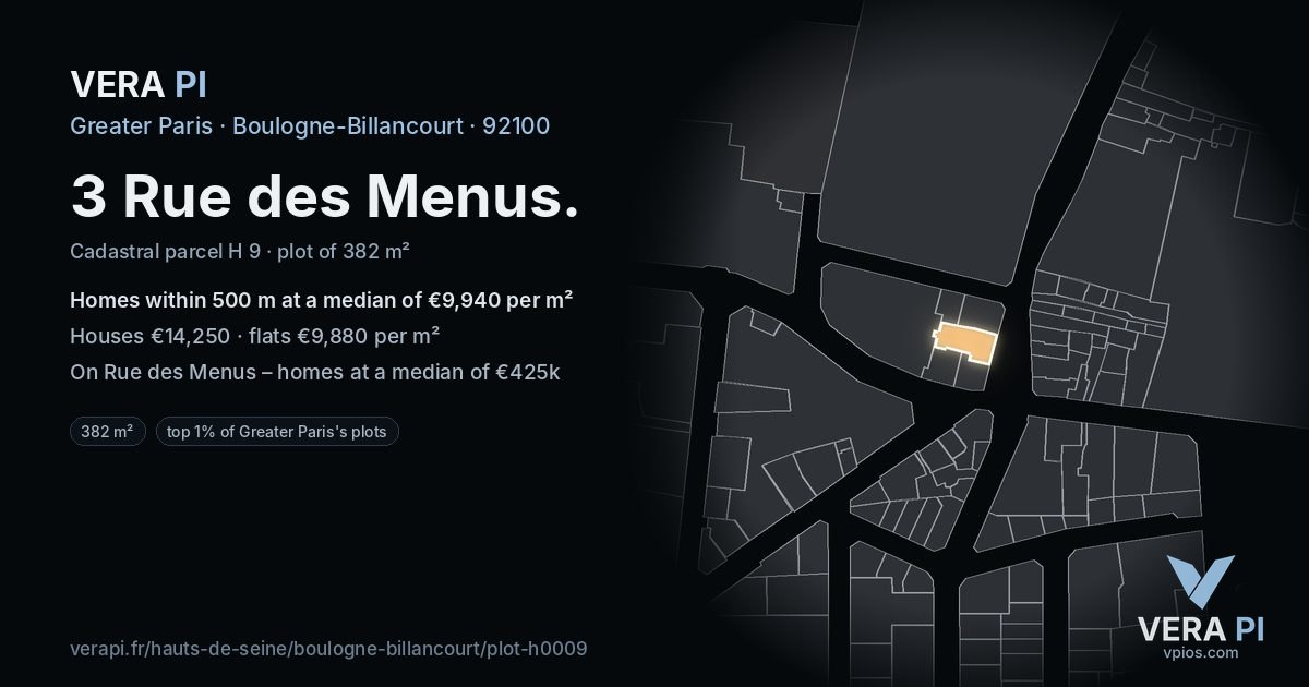 3 Rue des Menus, Boulogne-Billancourt at night – the plot lit, the parcels around coloured by the prices near them