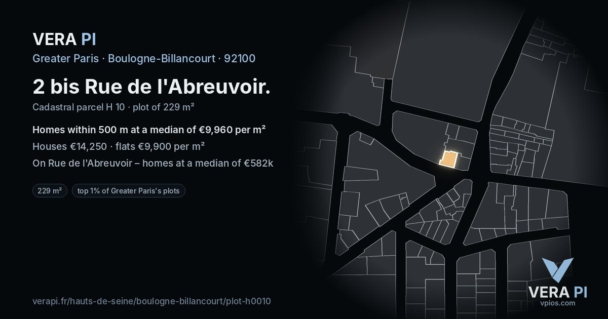 2 bis Rue de l'Abreuvoir, Boulogne-Billancourt at night – the plot lit, the parcels around coloured by the prices near them