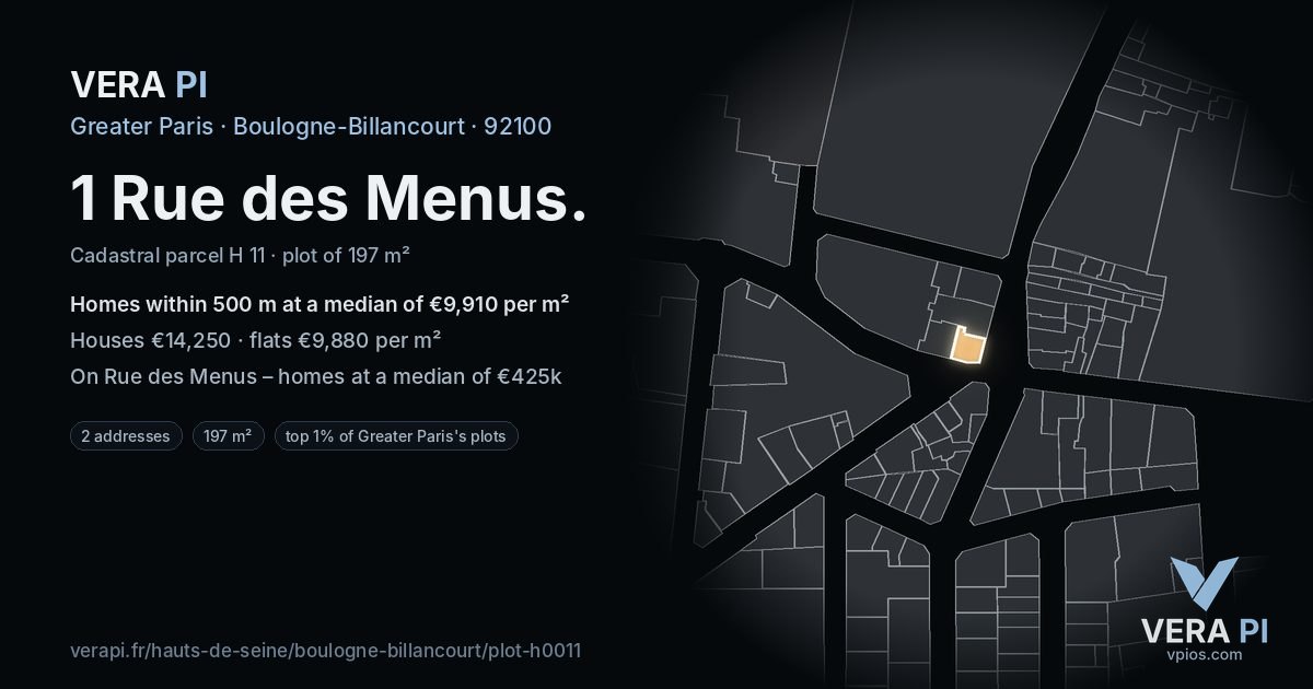 1 Rue des Menus, Boulogne-Billancourt at night – the plot lit, the parcels around coloured by the prices near them