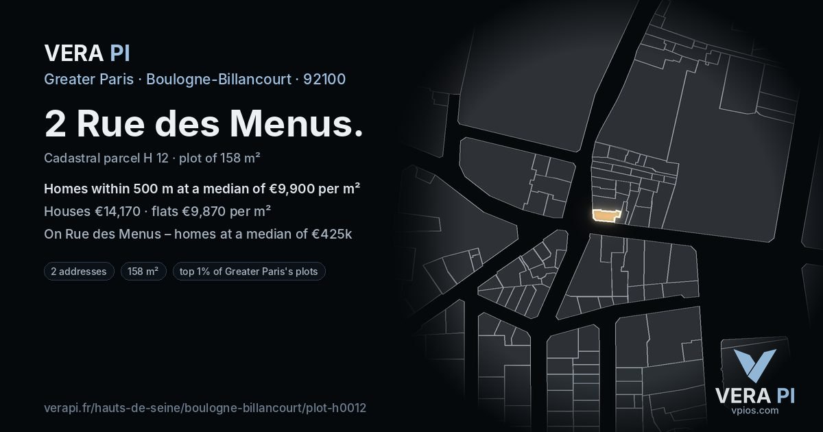 2 Rue des Menus, Boulogne-Billancourt at night – the plot lit, the parcels around coloured by the prices near them