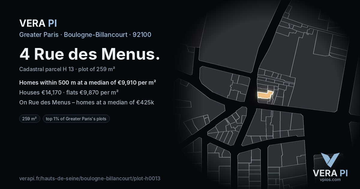 4 Rue des Menus, Boulogne-Billancourt at night – the plot lit, the parcels around coloured by the prices near them