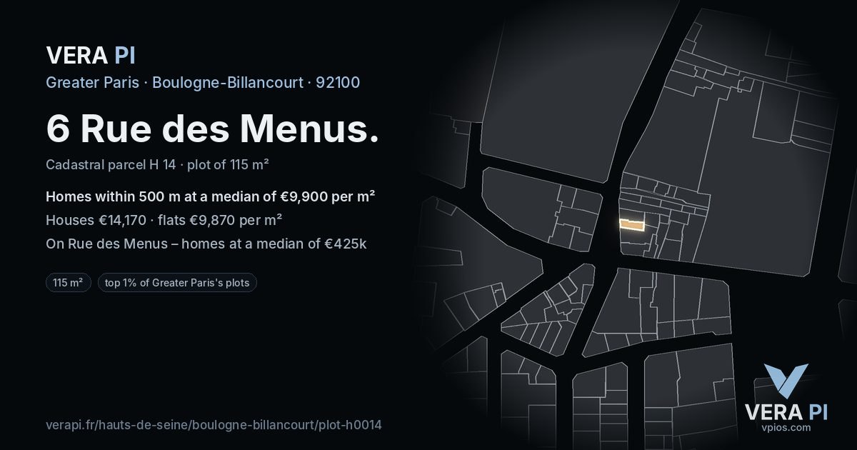 6 Rue des Menus, Boulogne-Billancourt at night – the plot lit, the parcels around coloured by the prices near them