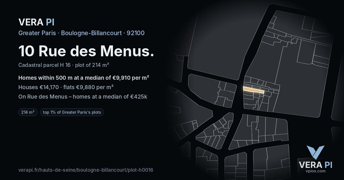 10 Rue des Menus, Boulogne-Billancourt at night – the plot lit, the parcels around coloured by the prices near them