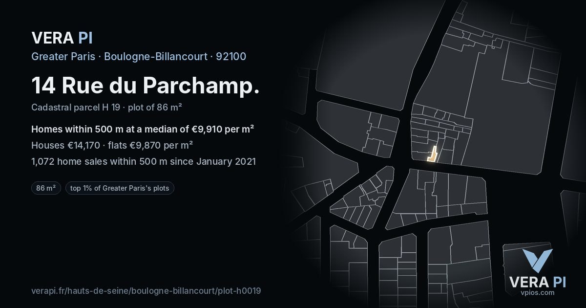 14 Rue du Parchamp, Boulogne-Billancourt at night – the plot lit, the parcels around coloured by the prices near them