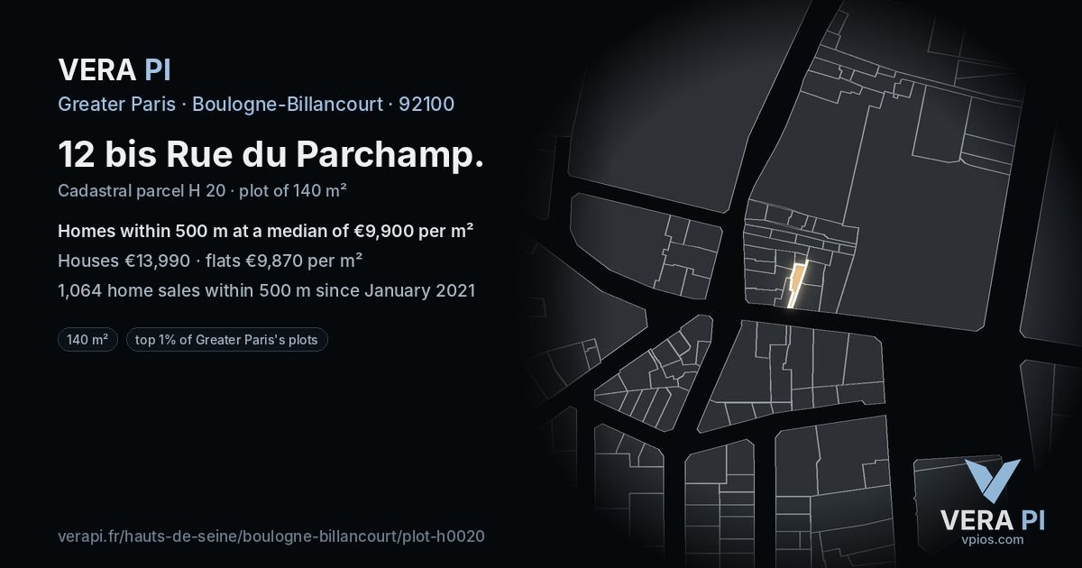 12 bis Rue du Parchamp, Boulogne-Billancourt at night – the plot lit, the parcels around coloured by the prices near them