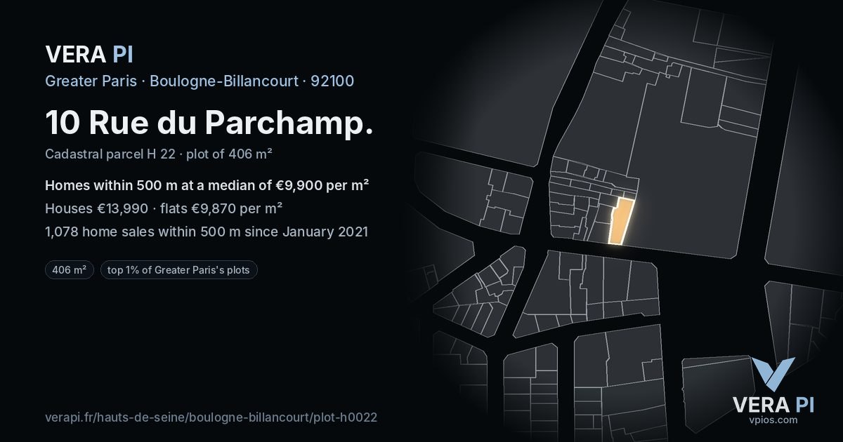 10 Rue du Parchamp, Boulogne-Billancourt at night – the plot lit, the parcels around coloured by the prices near them