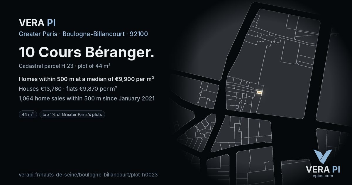 10 Cours Béranger, Boulogne-Billancourt at night – the plot lit, the parcels around coloured by the prices near them
