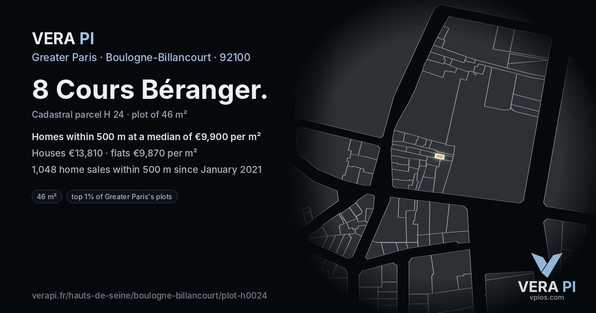8 Cours Béranger, Boulogne-Billancourt at night – the plot lit, the parcels around coloured by the prices near them